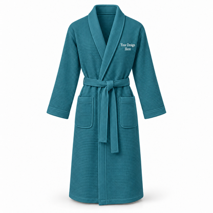 Custom women's full-length lightweight waffle robe in Teal with left chest embroidery