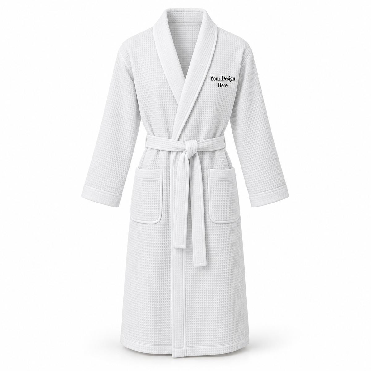 Custom women's full-length lightweight waffle robe in White with left chest embroidery