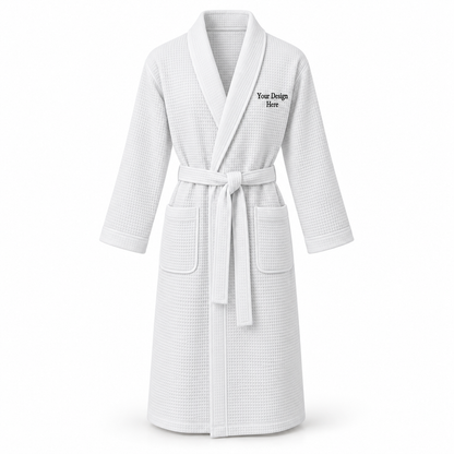 Custom women's full-length lightweight waffle robe in White with left chest embroidery