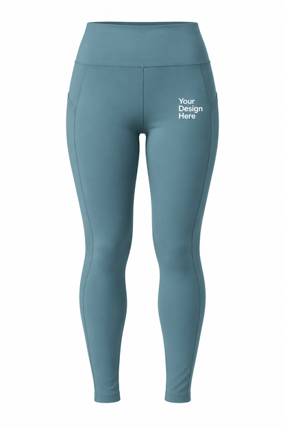 Aqua blue custom women’s high-waist leggings with logo printing