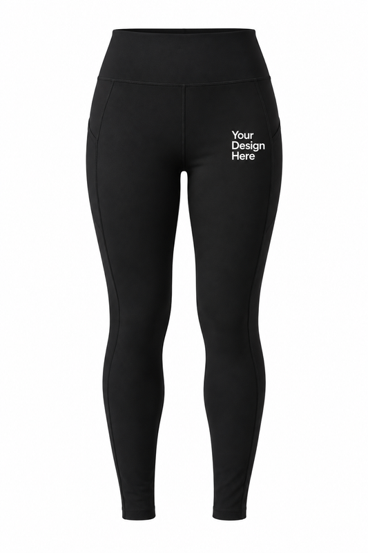Black custom women’s high-waist leggings with logo printing