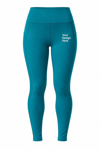 Seafoam blue custom women’s high-waist leggings with logo printing