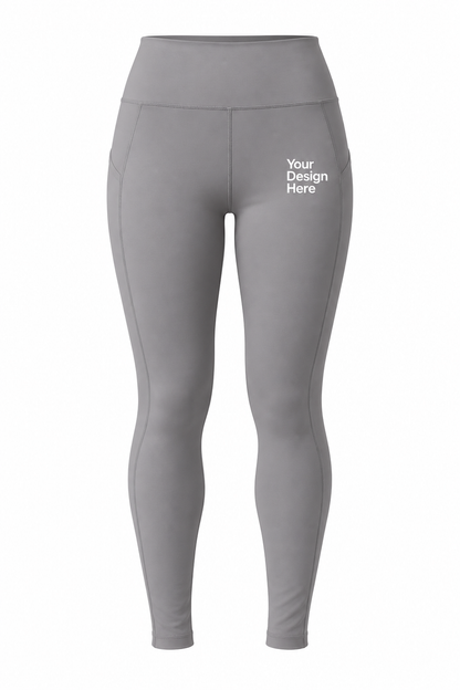 Steel grey custom women’s high-waist leggings with logo printing