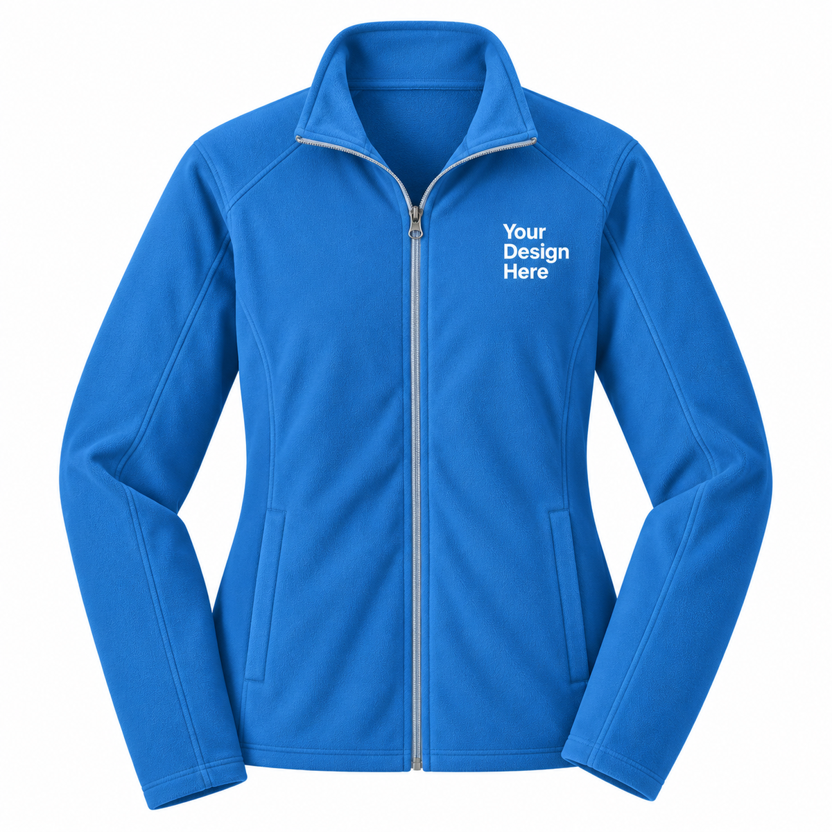 A bright blue women's full-zip fleece jacket with a stand-up collar, shown on a plain white background. The left chest features white placeholder text reading 'Your Design Here'.

