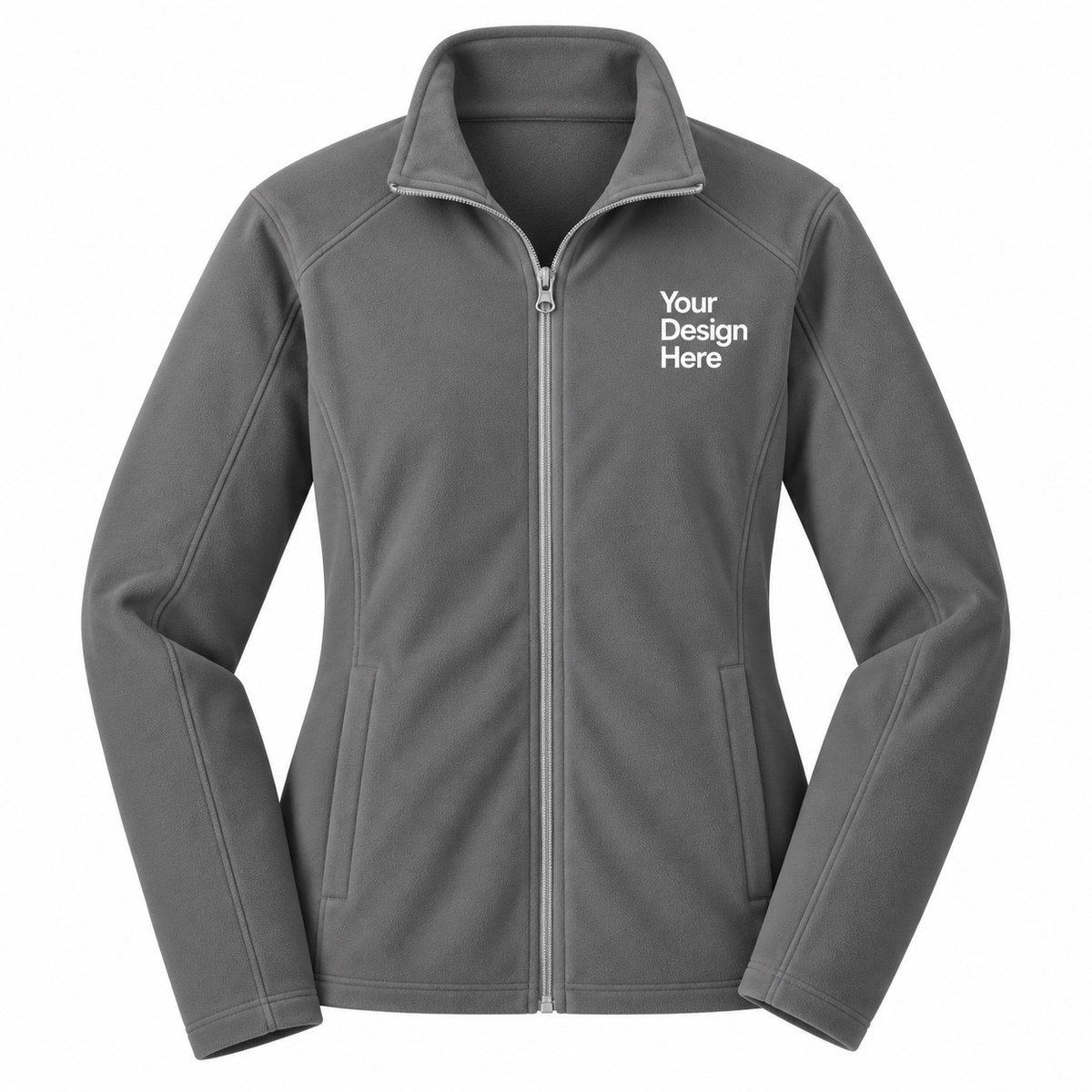 A dark gray full-zip fleece jacket with a mock neck collar, featuring a white printed placeholder text 'Your Design Here' on the left chest, displayed on a solid white background.


