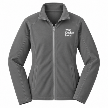 A dark gray full-zip fleece jacket with a mock neck collar, featuring a white printed placeholder text 'Your Design Here' on the left chest, displayed on a solid white background.

