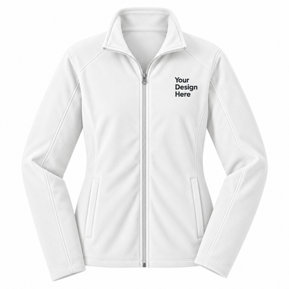 A white zip-up jacket with a stand collar, shown on a plain white background. The right chest area features black placeholder text reading 'Your Design Here' as a mockup template.

