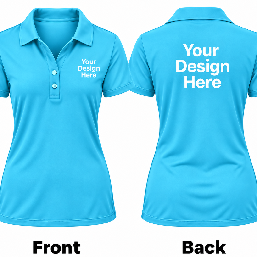 Front and back views of a women's short-sleeve polo shirt in bright turquoise blue, with placeholder white text on the chest and back reading 'Your Design Here'.

