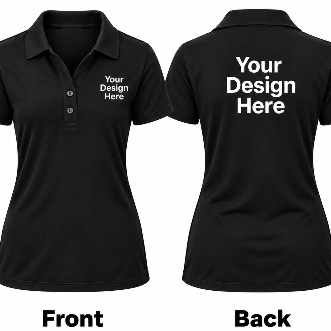 Black short-sleeve polo shirt shown from the front and back on a white background, with placeholder white text reading 'Your Design Here' on the chest and back, plus 'Front' and 'Back' labels below.

