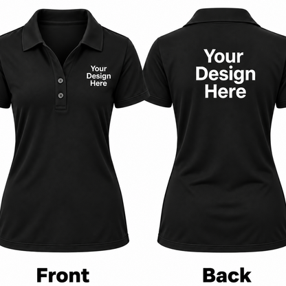 Black short-sleeve polo shirt shown from the front and back on a white background, with placeholder white text reading 'Your Design Here' on the chest and back, plus 'Front' and 'Back' labels below.

