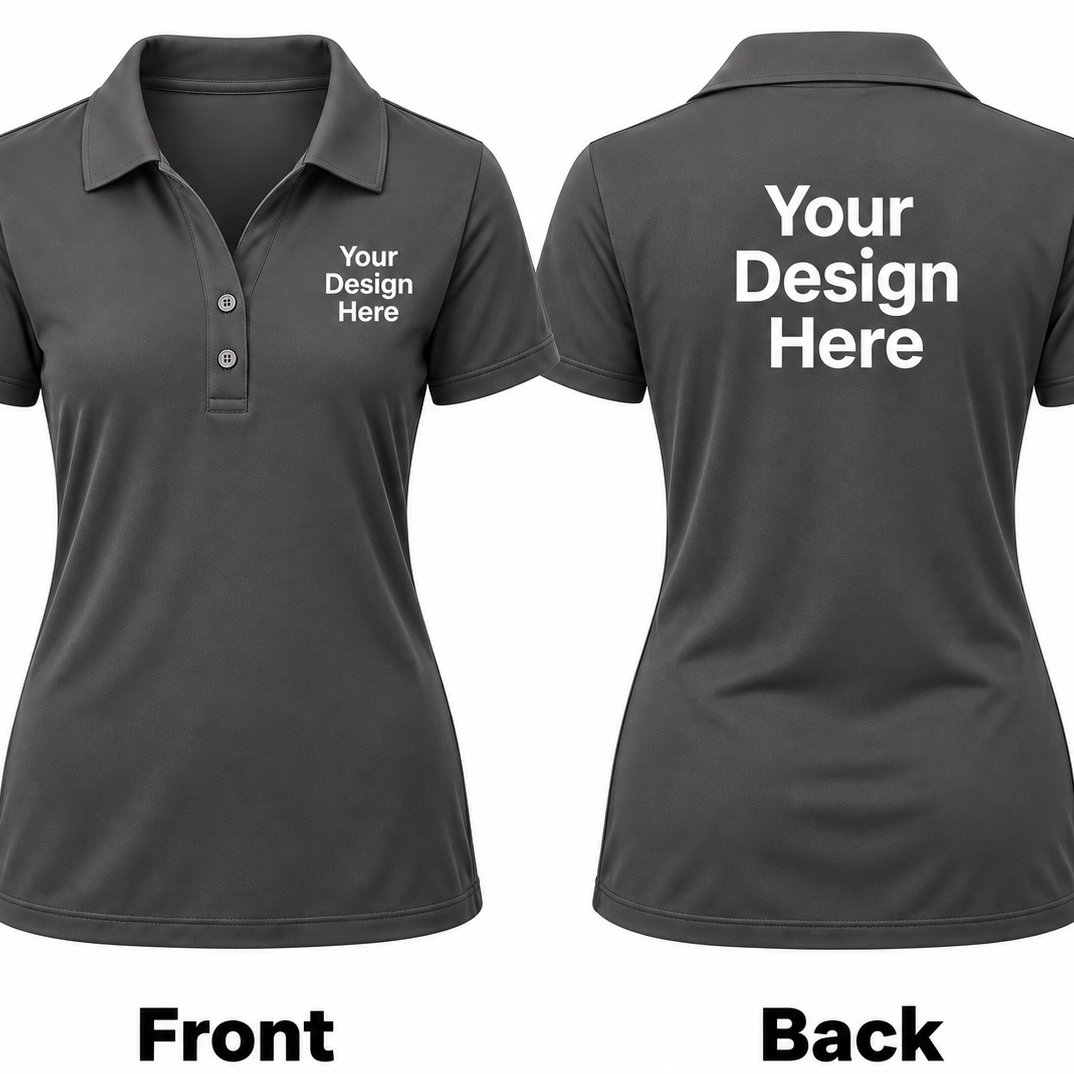 Front and back views of a dark gray short-sleeve polo shirt on a white background, with placeholder white text reading 'Your Design Here' on the left chest and large matching text on the back. Labels 'Front' and 'Back' appear below.

