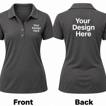 Front and back views of a dark gray short-sleeve polo shirt on a white background, with placeholder white text reading 'Your Design Here' on the left chest and large matching text on the back. Labels 'Front' and 'Back' appear below.

