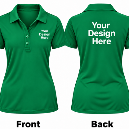 Front and back views of a green short-sleeve polo shirt on a white background, with placeholder white text reading 'Your Design Here' on the chest and back, labeled 'Front' and 'Back' below.

