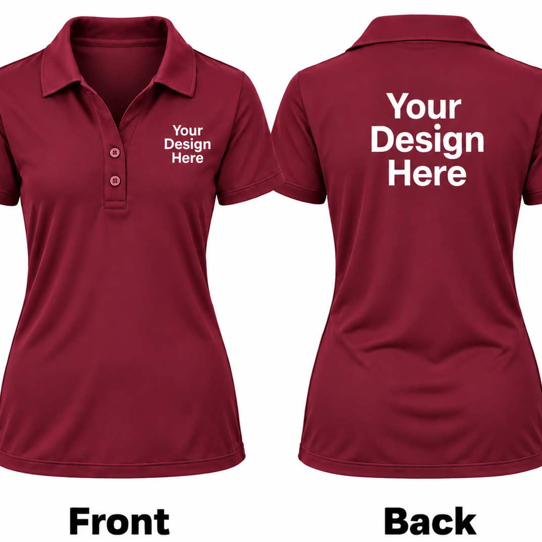 Customizable polo shirt shown in front and back views on a white background. The shirt is burgundy with white placeholder text reading 'Your Design Here' on the left chest and back.

