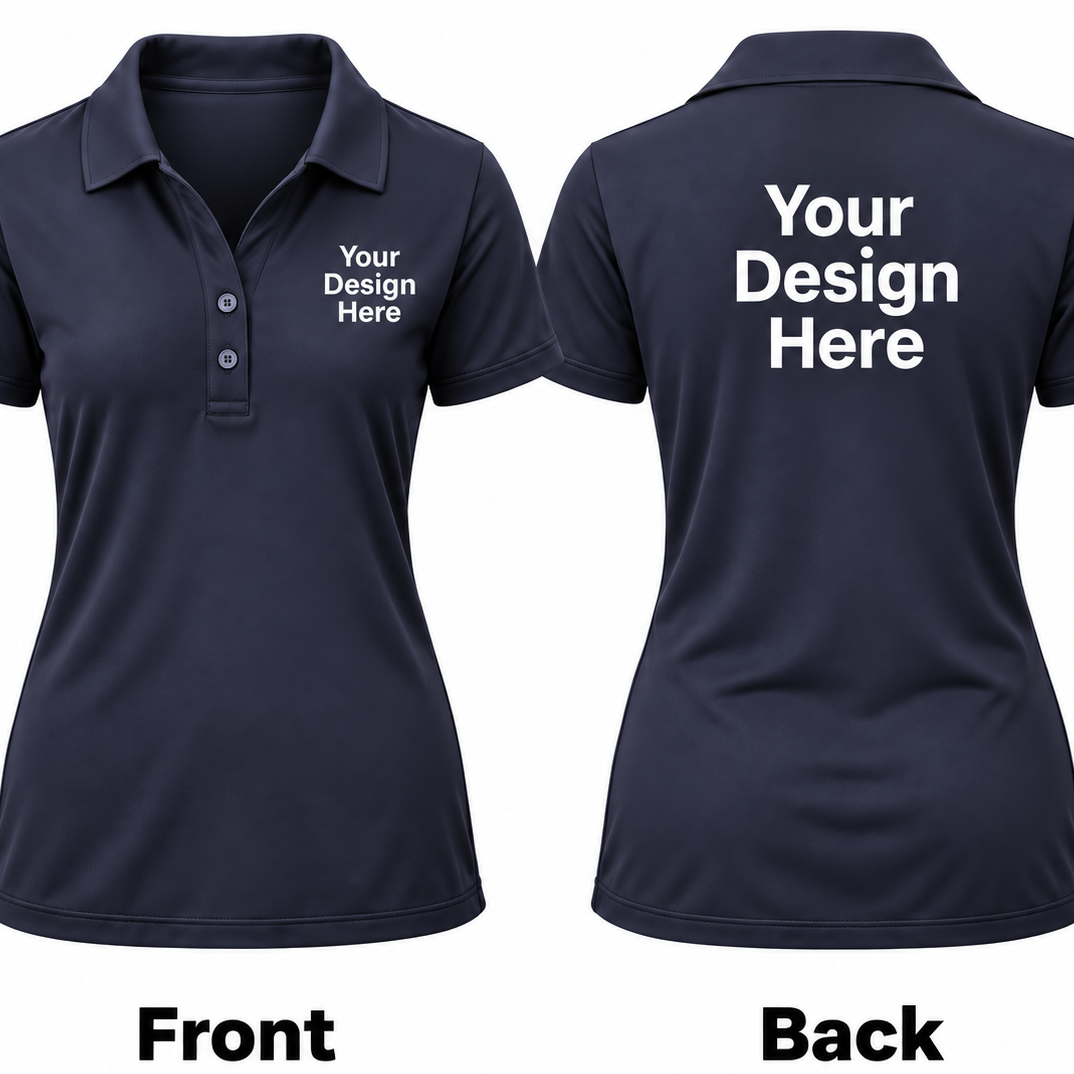 Front and back views of a navy blue short-sleeve polo shirt on a white background, with placeholder white text reading 'Your Design Here' on the left chest and large centered on the back.

