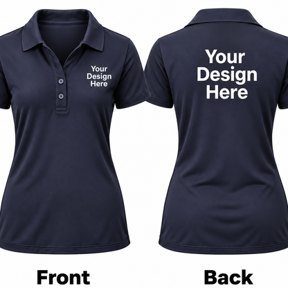 Front and back views of a navy blue short-sleeve polo shirt on a white background, with placeholder white text reading 'Your Design Here' on the left chest and large centered on the back.

