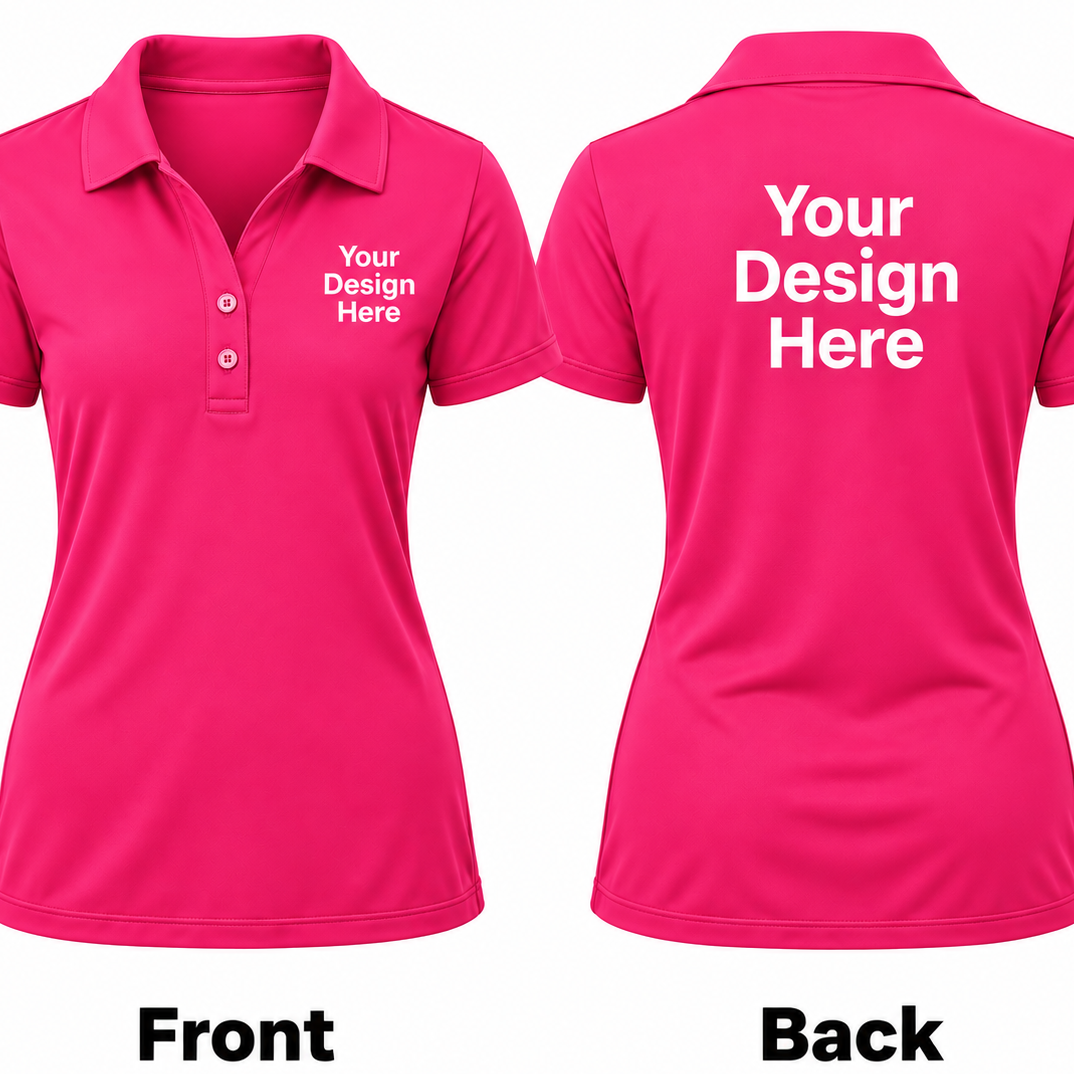 Customizable pink polo shirt shown from the front and back on a white background, with placeholder white text reading 'Your Design Here' on the chest and back, labeled Front and Back.

