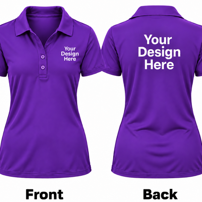 Front and back views of a custom purple short-sleeve polo shirt. The front view shows three-button placket and white placeholder text on the left chest reading 'Your Design Here'.

