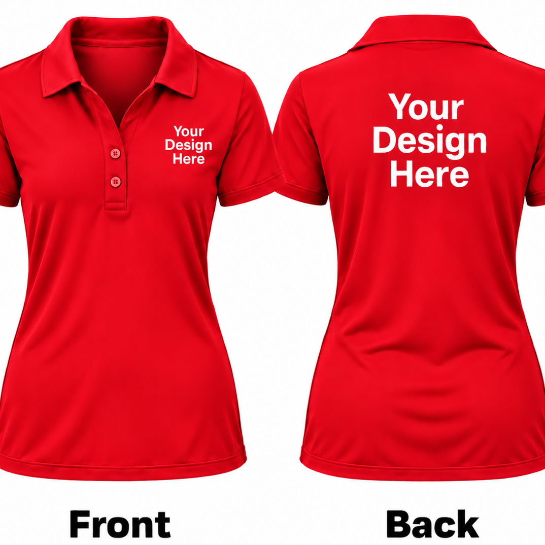 Red short-sleeve polo shirt shown from the front and back on a white background, with placeholder white text reading 'Your Design Here' on the left chest and large matching text on the back. Front and Back labels appear below.

