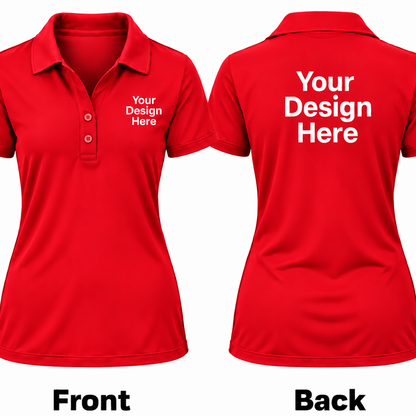 Red short-sleeve polo shirt shown from the front and back on a white background, with placeholder white text reading 'Your Design Here' on the left chest and large matching text on the back. Front and Back labels appear below.

