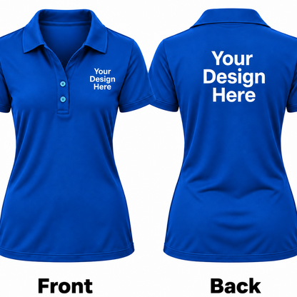 Front and back views of a royal blue short-sleeve polo shirt on a white background, with placeholder text reading 'Your Design Here' printed on the chest and back. Labels 'Front' and 'Back' appear below.

