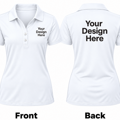 White short-sleeve polo shirt shown from the front and back on a light gray background, with placeholder black text reading 'Your Design Here' on the chest and back, and labels 'Front' and 'Back' below.


