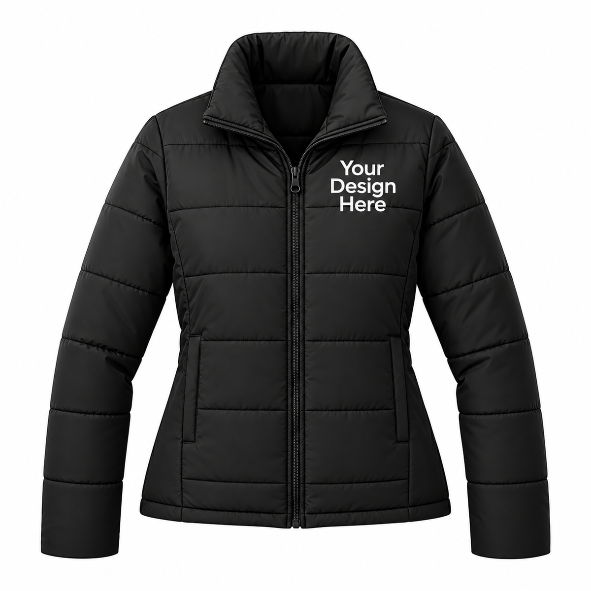 A black quilted puffer jacket with a stand-up collar and front zipper, featuring the white text 'Your Design Here' on the left chest, shown on a plain white background.

