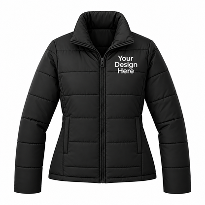 A black quilted puffer jacket with a stand-up collar and front zipper, featuring the white text 'Your Design Here' on the left chest, shown on a plain white background.

