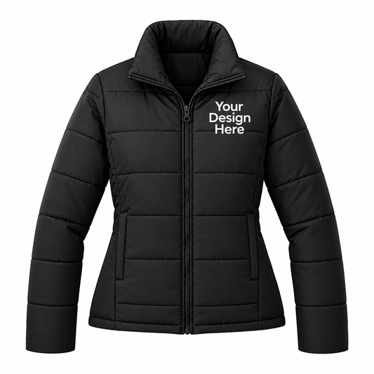 A black quilted puffer jacket with a stand-up collar and front zipper, featuring the white text 'Your Design Here' on the left chest, shown on a plain white background.

