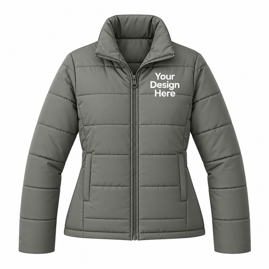 A gray puffer jacket with a mock neck, full zipper, and horizontal quilting. The left chest features white placeholder text reading 'Your Design Here'.

