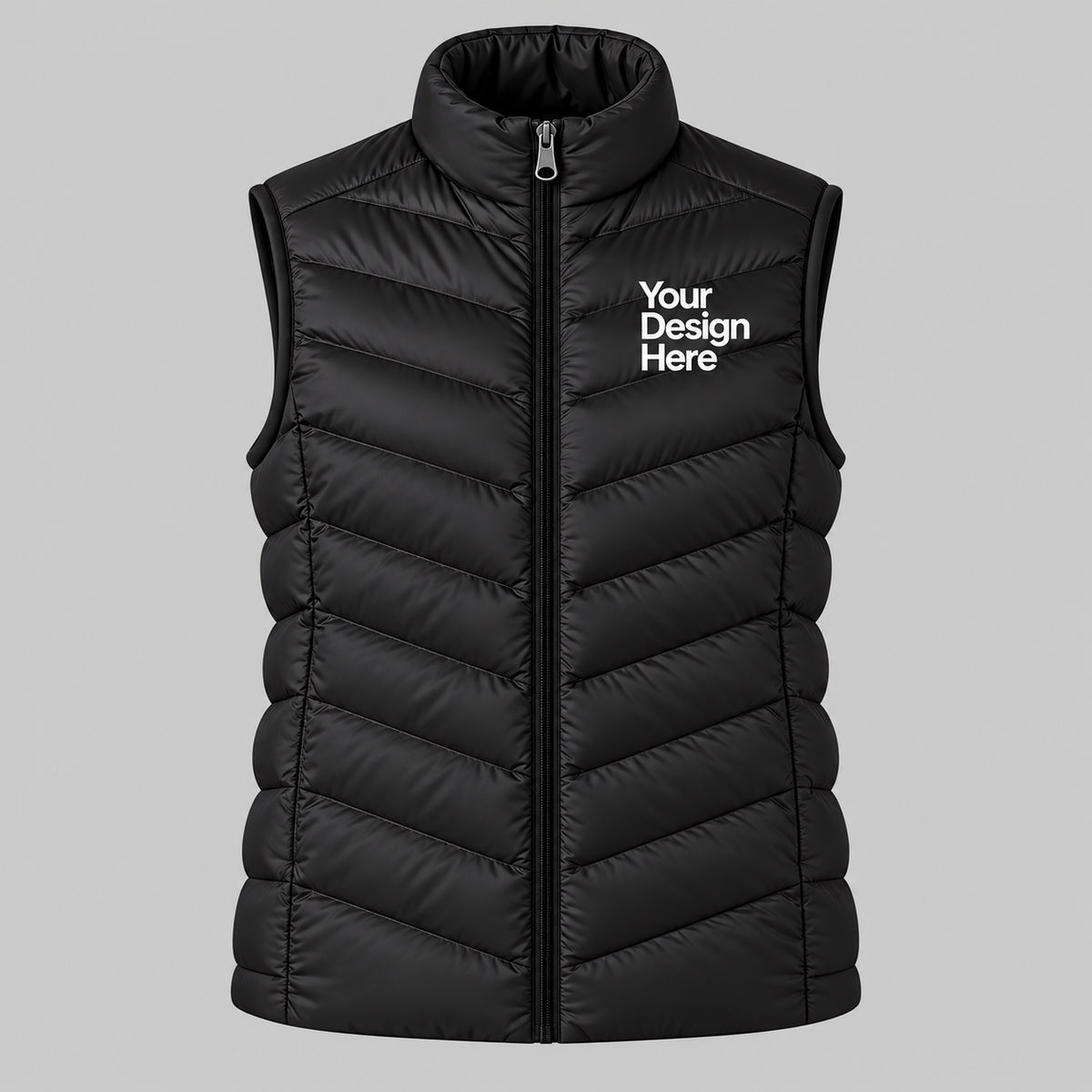 Black custom women's lightweight puffer vest with front chest logo embroidery