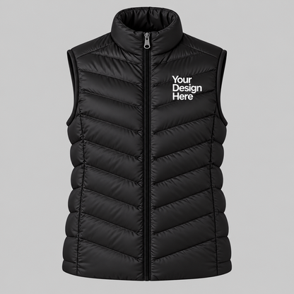 Black custom women's lightweight puffer vest with front chest logo embroidery