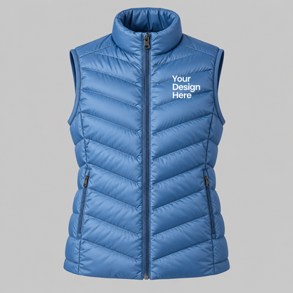 Blue custom women's lightweight puffer vest with front chest logo embroidery