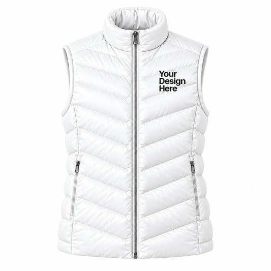White custom women's lightweight puffer vest with embroidered logo on front chest