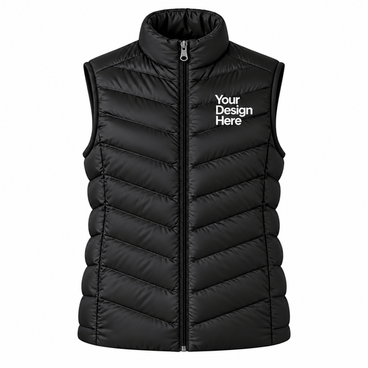 Black custom women's lightweight puffer vest with embroidered logo on front chest