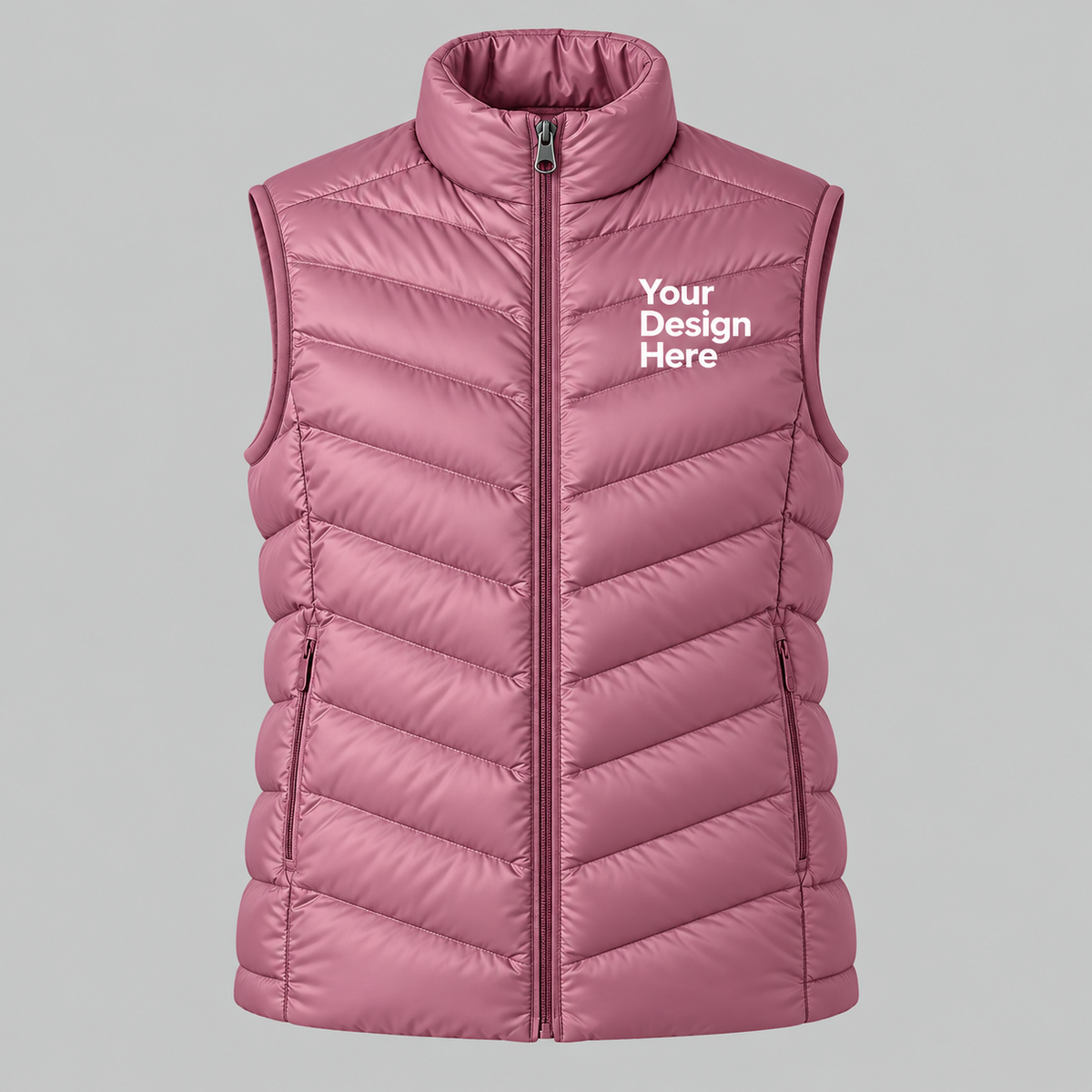 Pink custom women's lightweight puffer vest with front chest logo embroidery