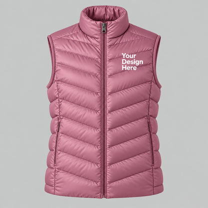 Pink custom women's lightweight puffer vest with front chest logo embroidery