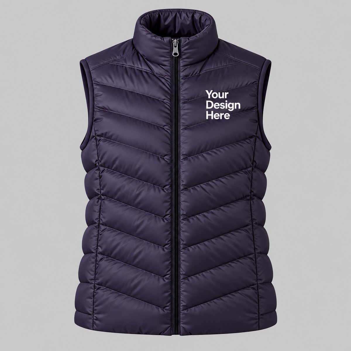 Purple custom women's lightweight puffer vest with front chest logo embroidery