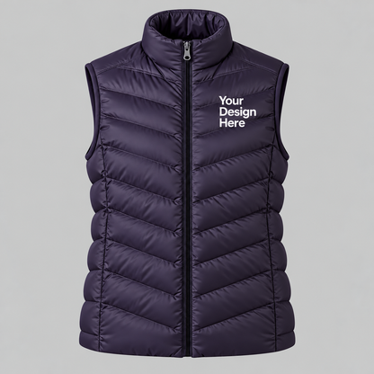 Purple custom women's lightweight puffer vest with front chest logo embroidery