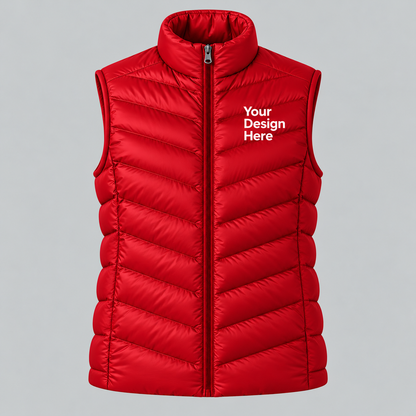Red custom women's lightweight puffer vest with front chest logo embroidery