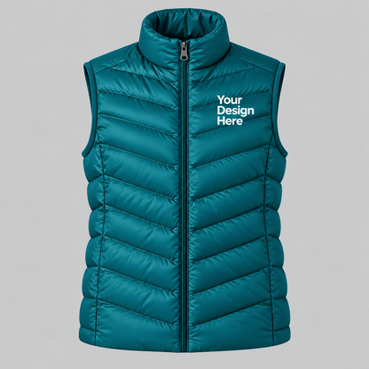 Turquois custom women's lightweight puffer vest with front chest logo embroidery