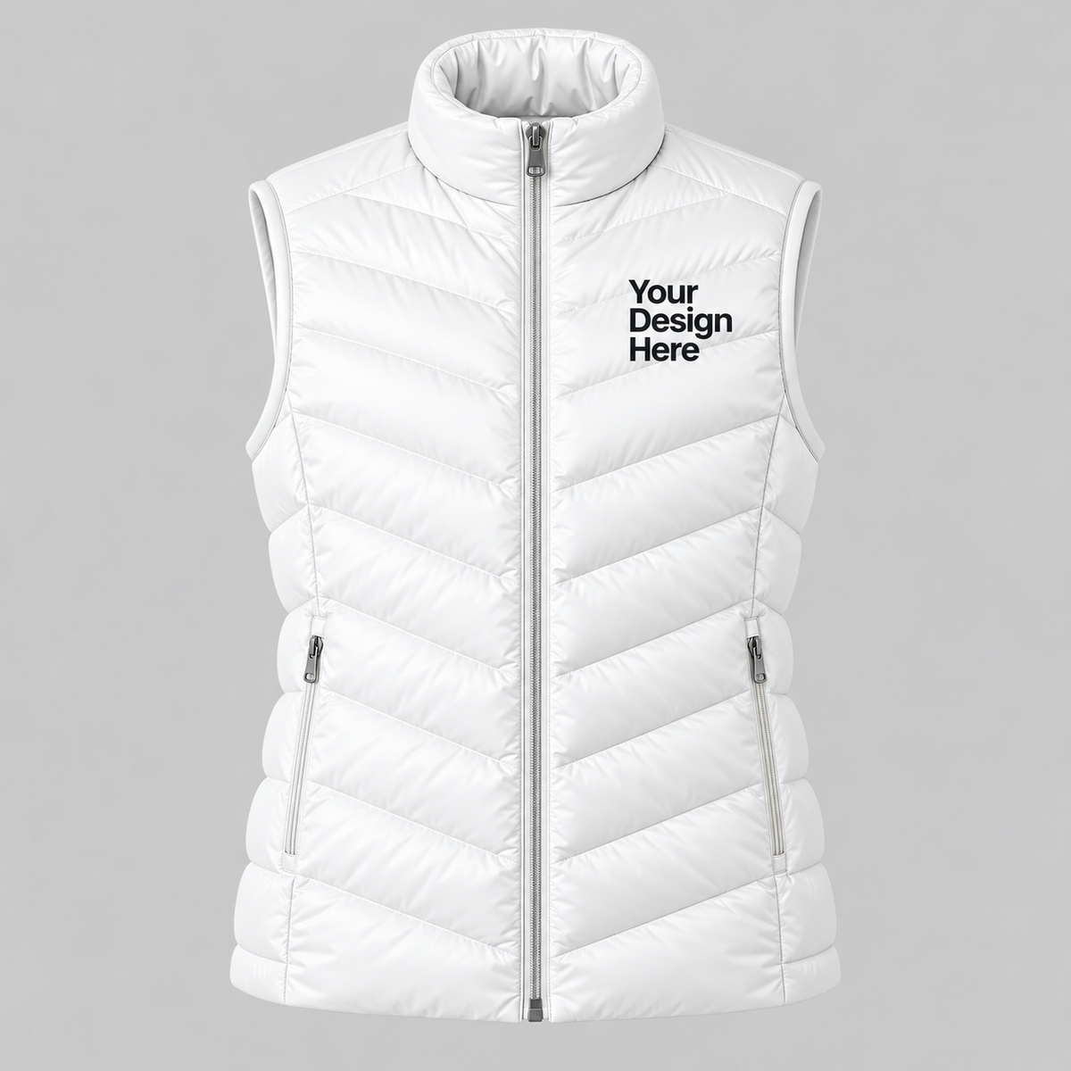 White custom women's lightweight puffer vest with front chest logo embroidery