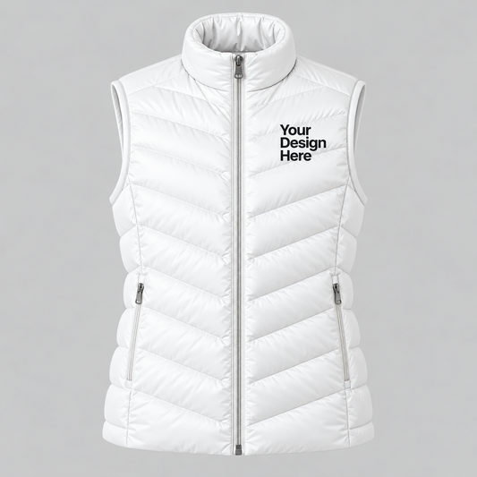 White custom women's lightweight puffer vest with front chest logo embroidery