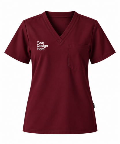 Burgundy custom women’s scrub top with logo embroidery