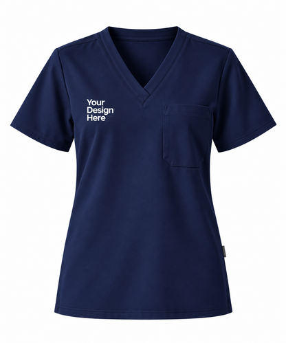 Navy custom women’s scrub top with logo embroidery