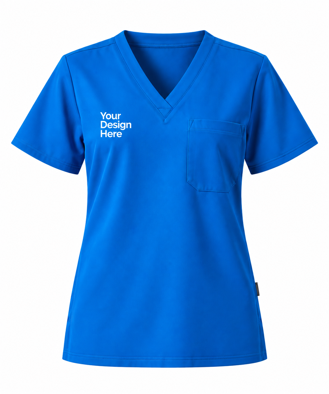 Royal blue custom women’s scrub top with logo embroidery