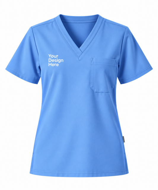 Sky blue custom women’s scrub top with logo embroidery