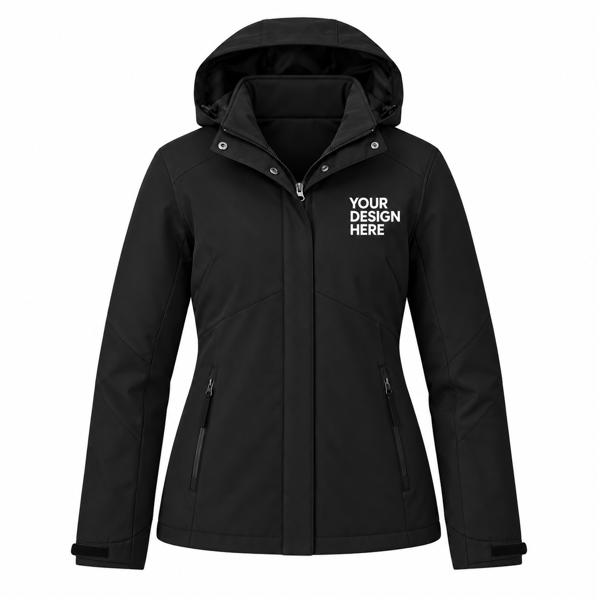 A black hooded softshell jacket with a front zipper, shown on a plain white background. The left chest features white placeholder text reading 'YOUR DESIGN HERE', indicating a customizable product.

