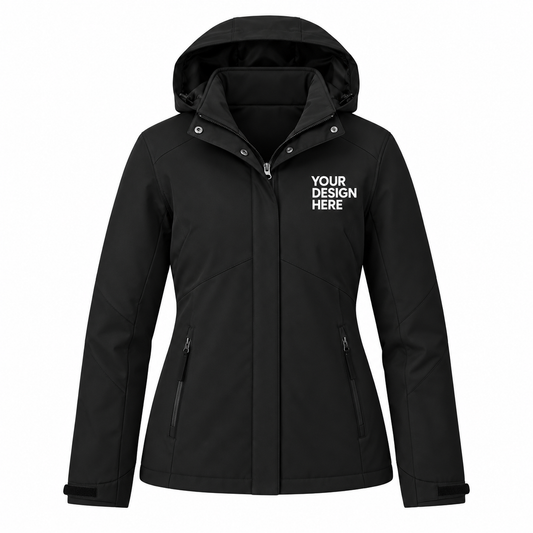 A black hooded softshell jacket with a front zipper, shown on a plain white background. The left chest features white placeholder text reading 'YOUR DESIGN HERE', indicating a customizable product.

