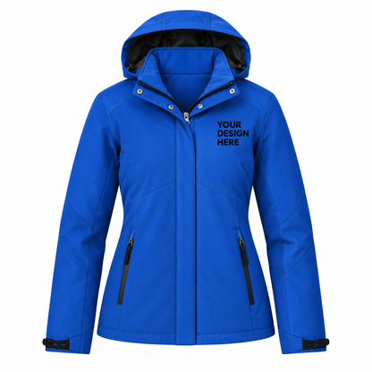 A bright blue hooded jacket with a front zipper, zippered hand pockets, and black trim, featuring the text 'YOUR DESIGN HERE' printed on the left chest. The jacket is displayed on a clean white background.

